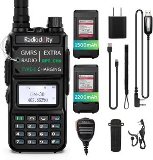 1 Pack Radioddity GM-30 GMRS Handheld Radio, Long Range Two Way Radio, 11 NOAA Channels, Display SYNC. Ideal for Off-Road Overlanding. Includes 2 Batteries, Speaker Mic and Programming Cable