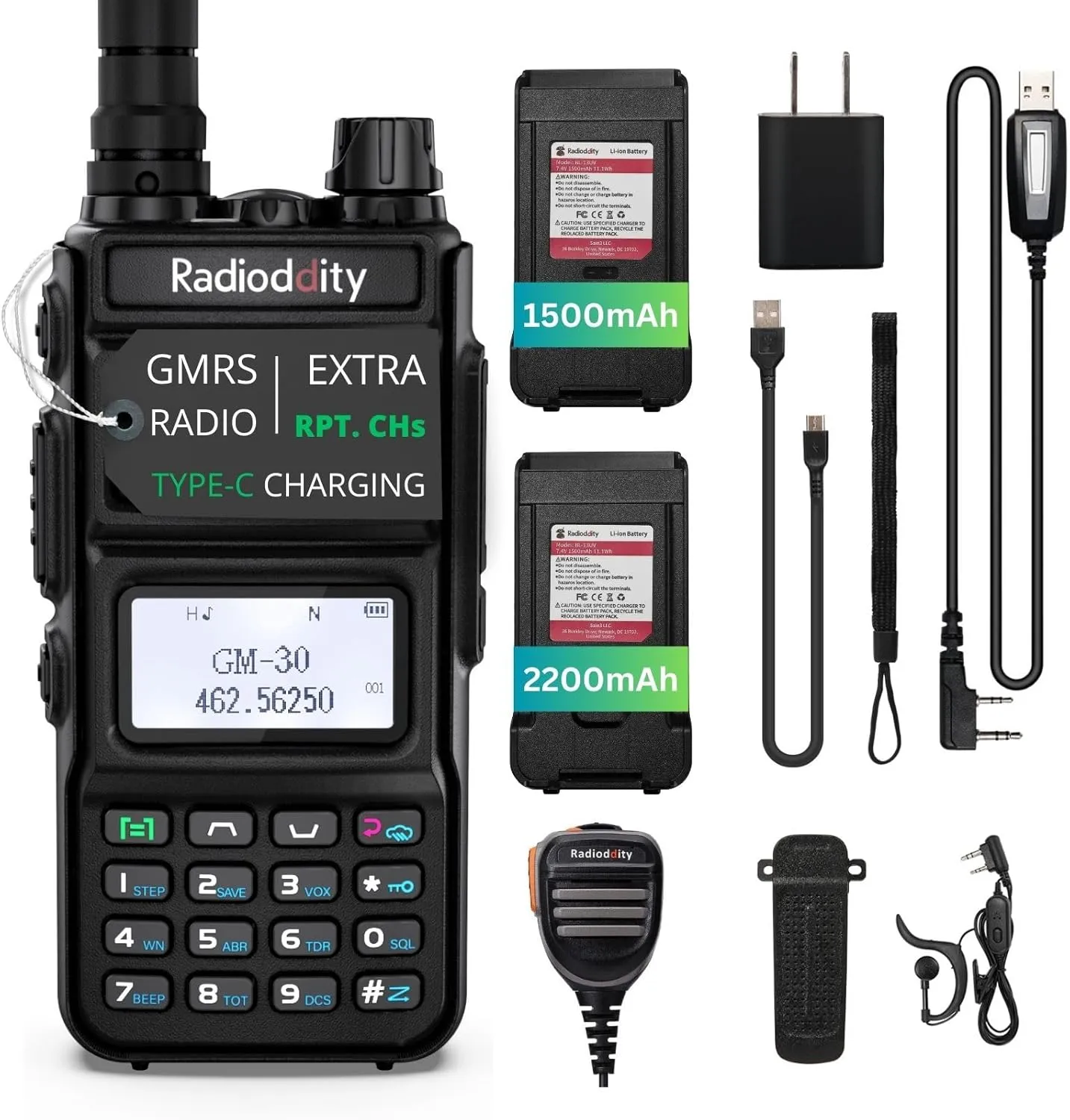1 Pack Radioddity GM-30 GMRS Handheld Radio, Long Range Two Way Radio, 11 NOAA Channels, Display SYNC. Ideal for Off-Road Overlanding. Includes 2 Batteries, Speaker Mic and Programming Cable