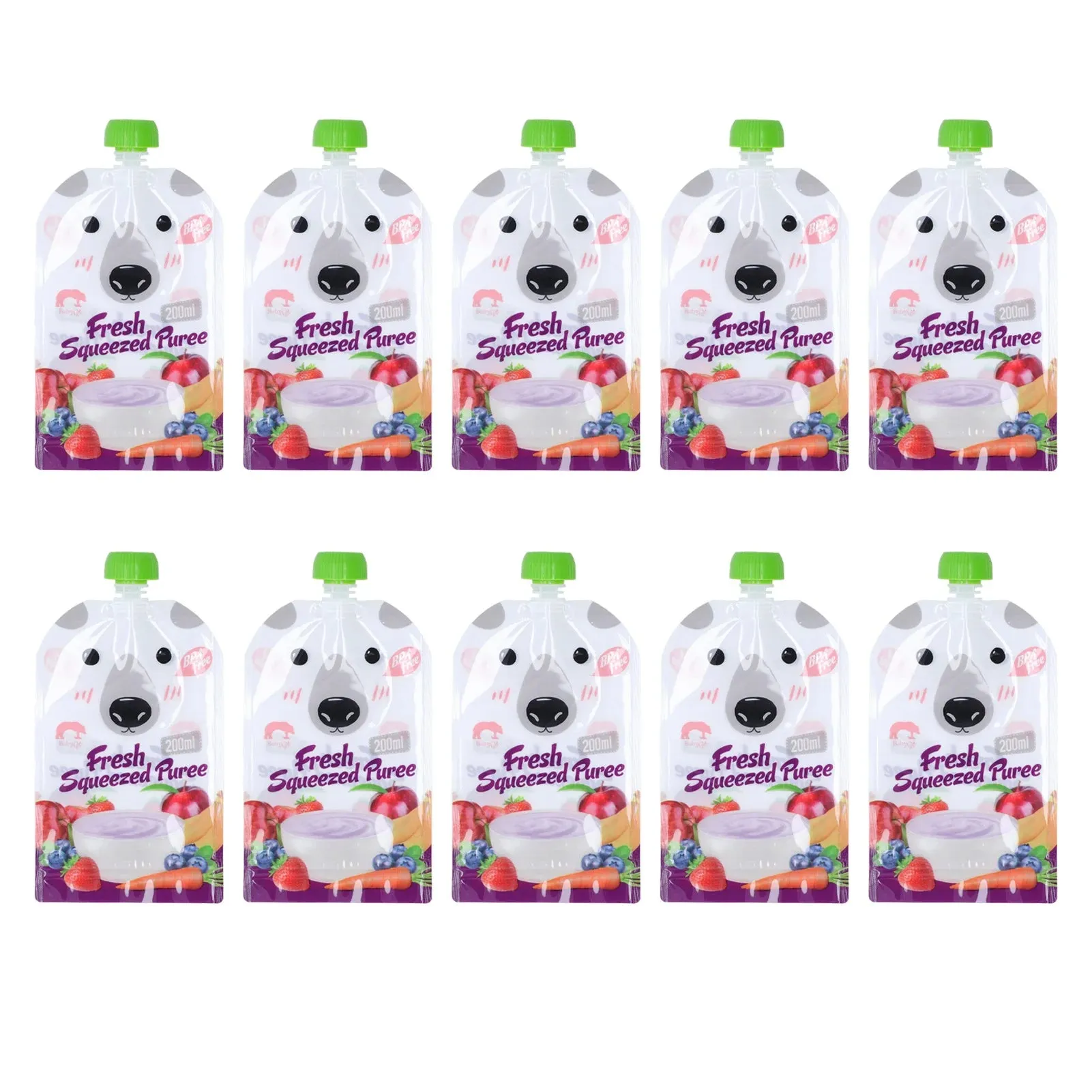 10 Pack Reusable 200ml Baby Food Pouches - Refillable, Portable, Squeeze Pouches for Fruit Puree Storage