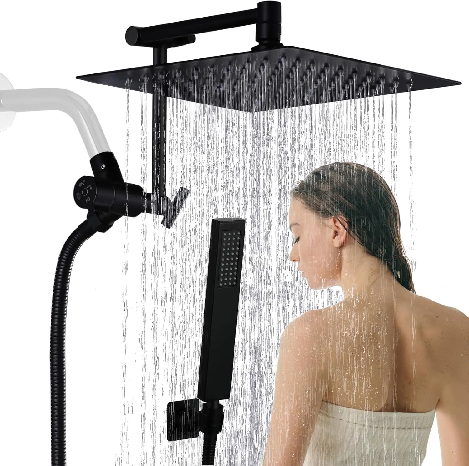 10" Metal Rainfall Shower Head with Handheld Spray Combo, 4 Settings Shower Diverter with Pause Mode, Stainless Steel Shower Wand, Adjustable Extension Arm, Extra Long Hose - Matte Black