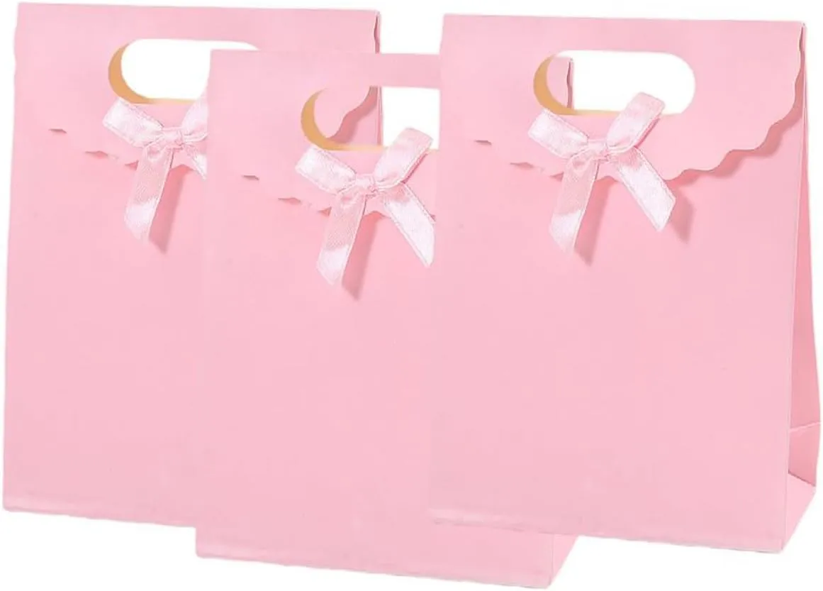 12pcs Pink Bow Gift Bags with Handles，Paper Flap Bags for Party Favors, Mothers Day, Weddings, Birthday Celebration, Baby Shower，Graduation，Valentine's Day，8.26×5.7×2.36inch