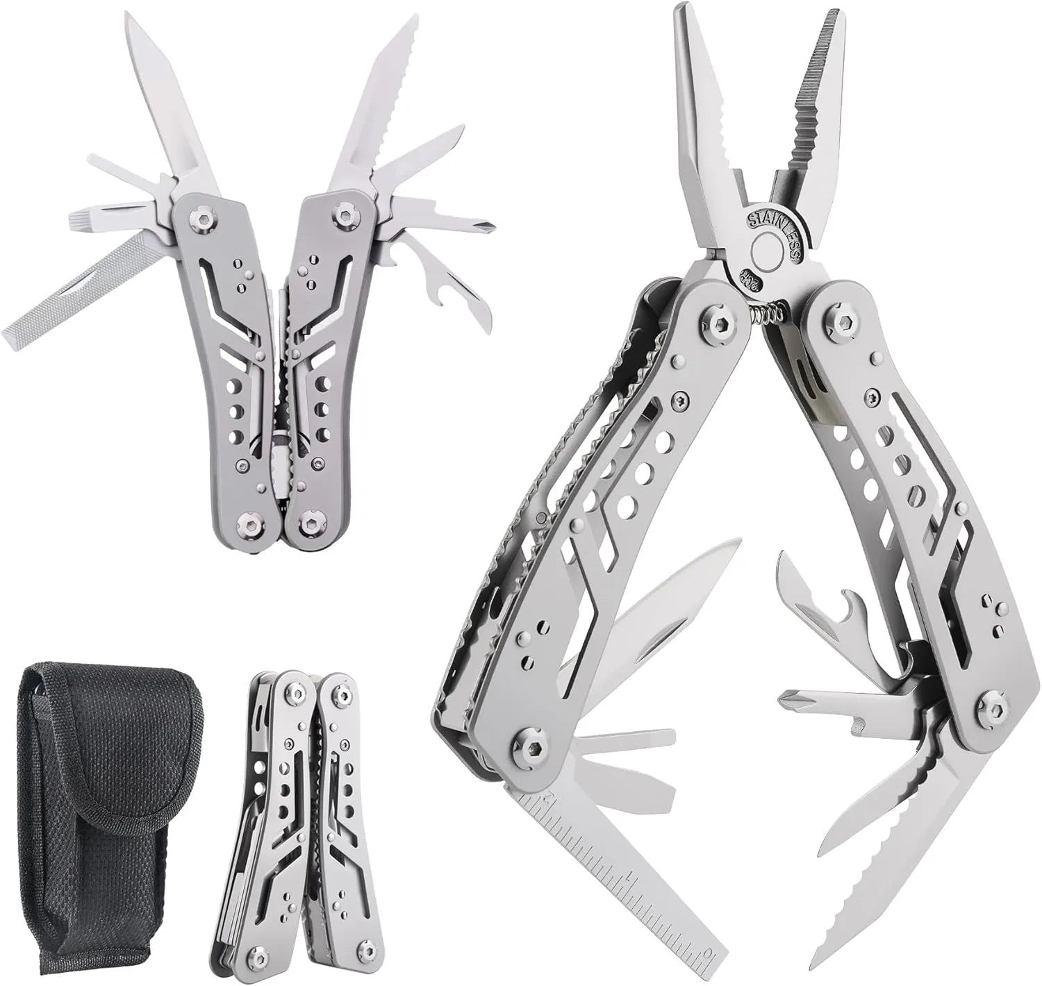 14-in-1 EDC Multitool pliers, Stainless Steel Multi Pliers, Pocket Knife, Bottle Opener, Screwdriver with Pouch, Great for Survival and Camping