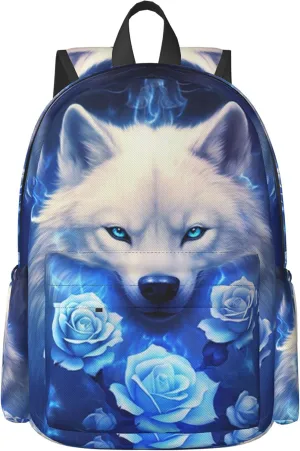 16 inch backpack Fantasy Blue Roses Wolf Laptop Backpack Full Print School Bookbag Shoulder Bag for Travel Daypack