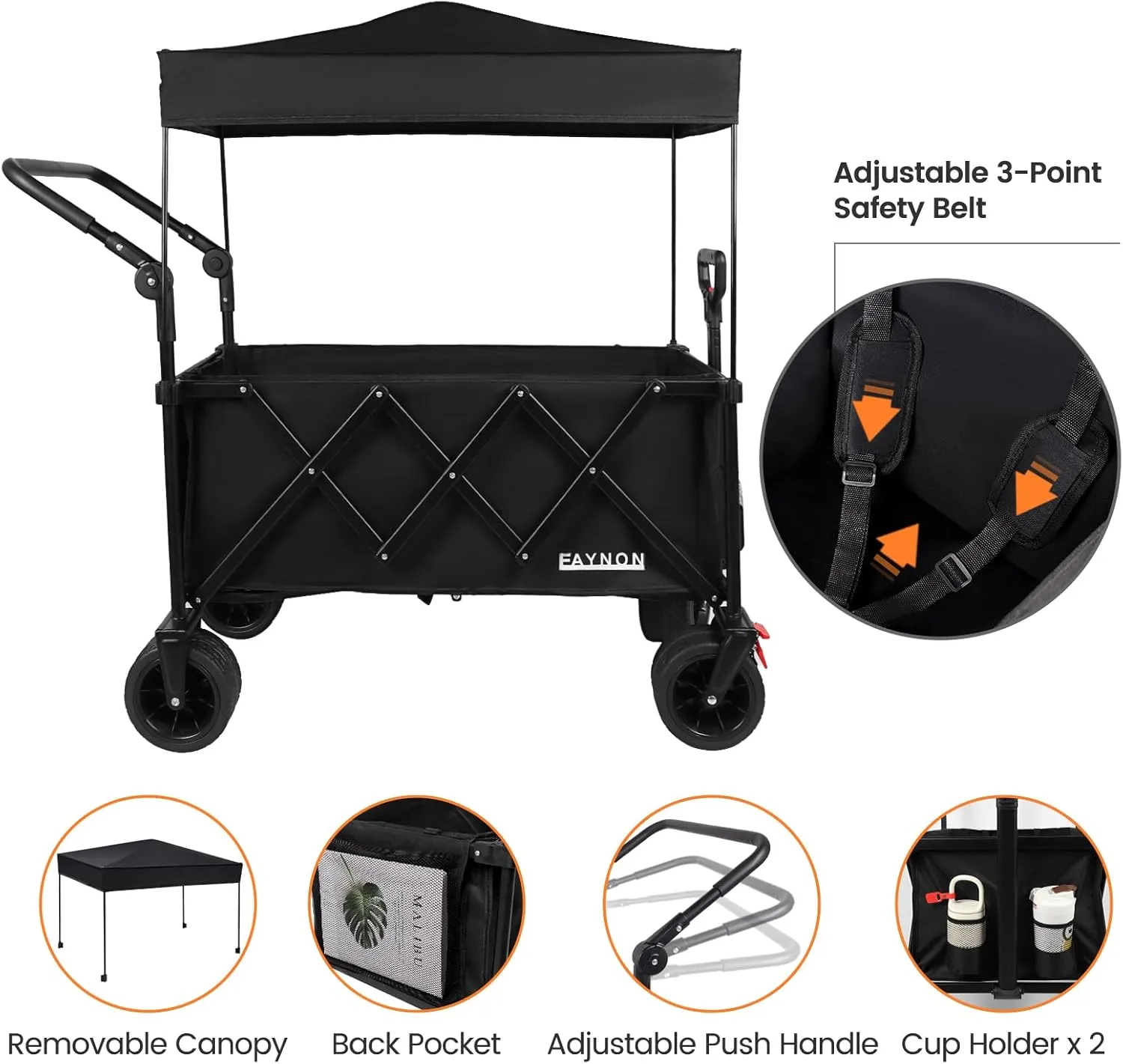 2 in 1 Collapsible Wagon with 300lbs Weight Capacity,150L Heavy Duty Utility Cart with Removable Canopy,with Big All-Terrain Beach Wheels & Drink Holders,Black