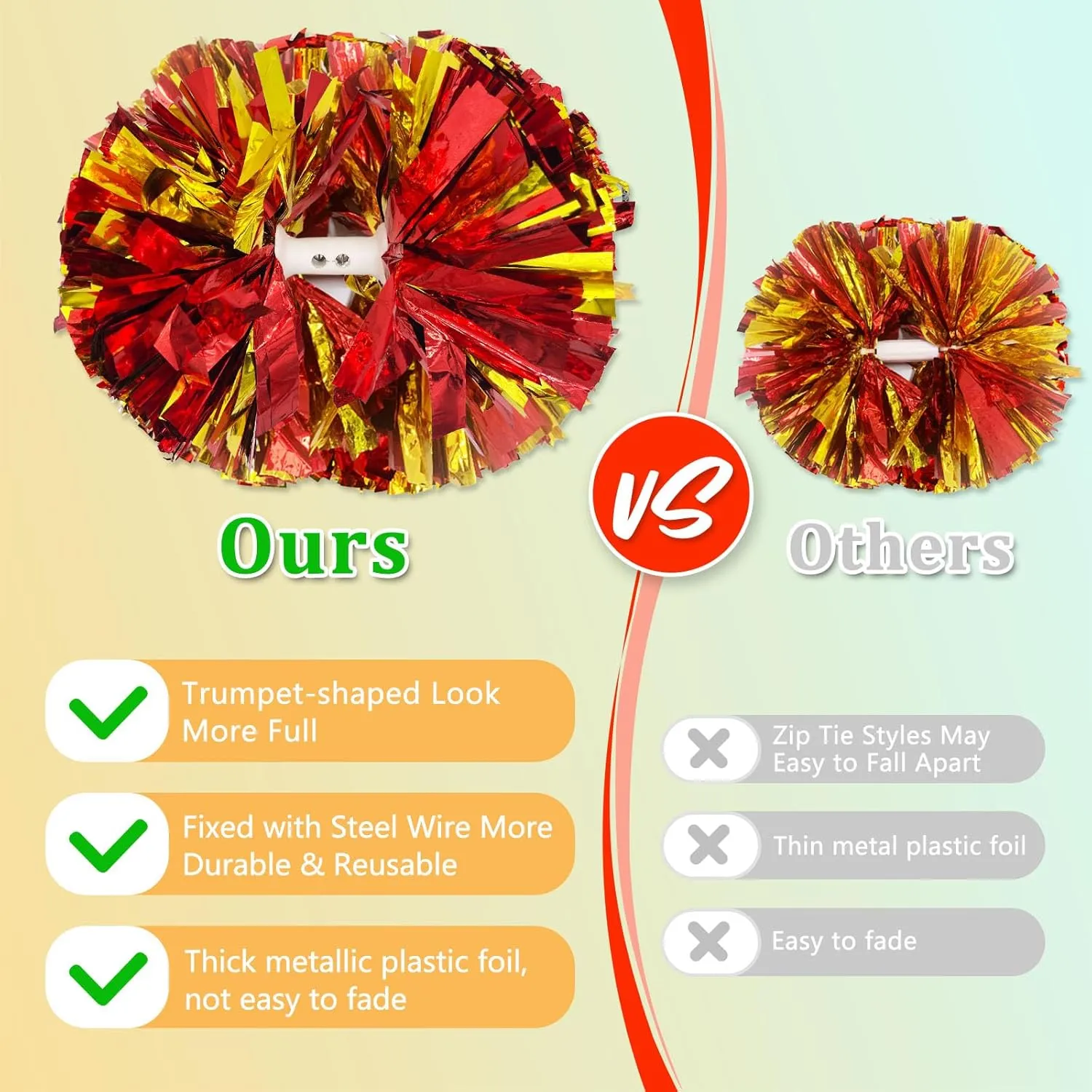 2 Pack Cheerleading Pom Poms with Baton Handle, 12" Metallic Cheer Pom Poms for Girls Adults Kids School Team Sports, Graduation Dances