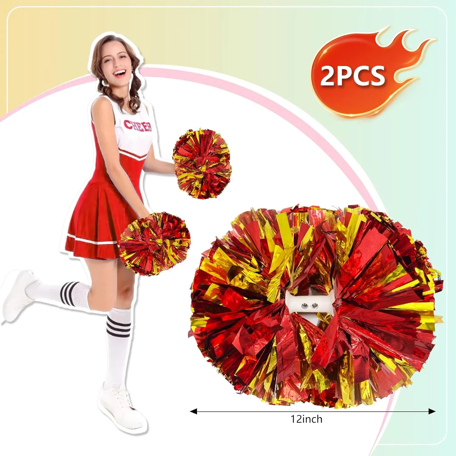 2 Pack Cheerleading Pom Poms with Baton Handle, 12" Metallic Cheer Pom Poms for Girls Adults Kids School Team Sports, Graduation Dances