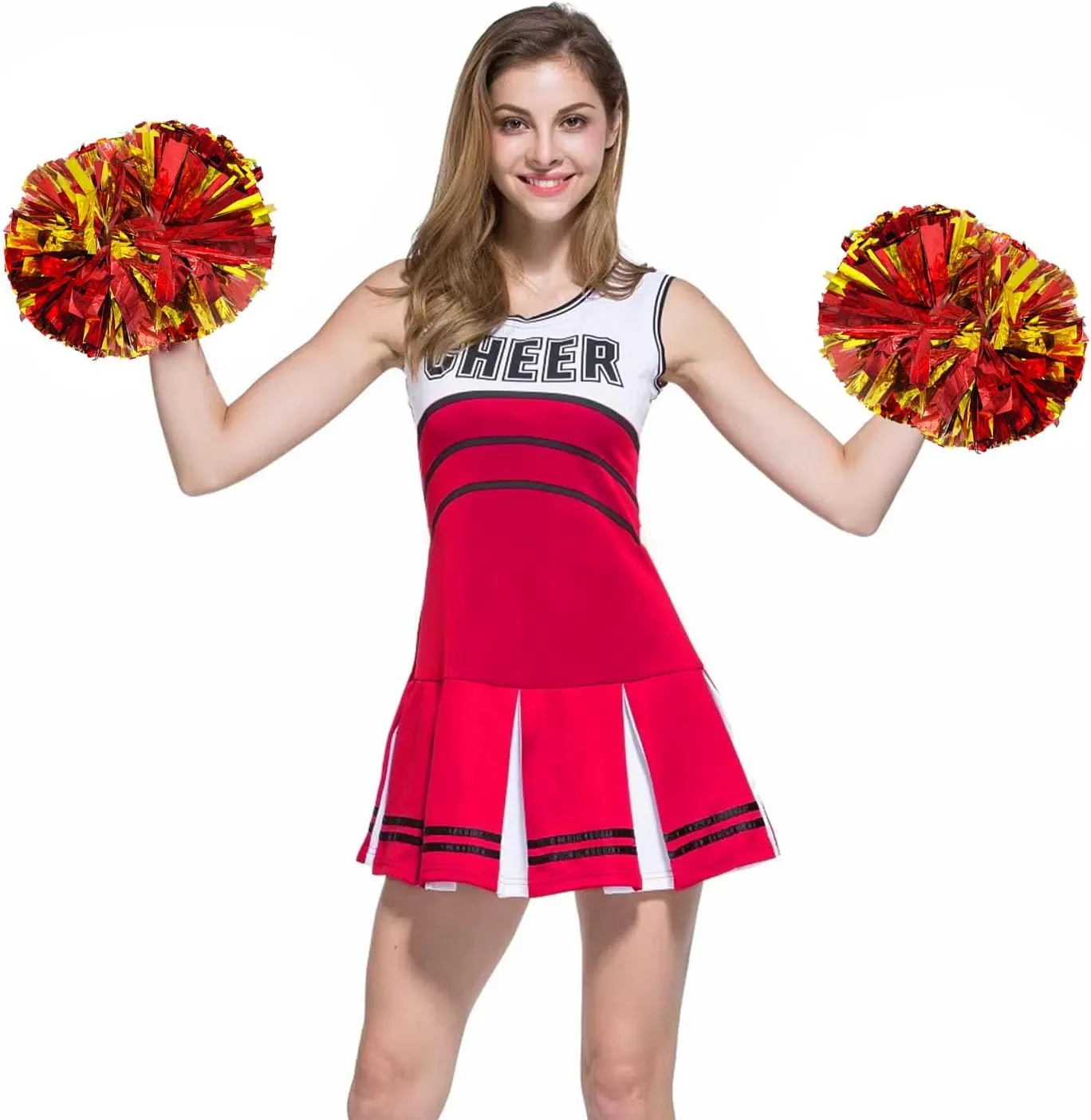 2 Pack Cheerleading Pom Poms with Baton Handle, 12" Metallic Cheer Pom Poms for Girls Adults Kids School Team Sports, Graduation Dances