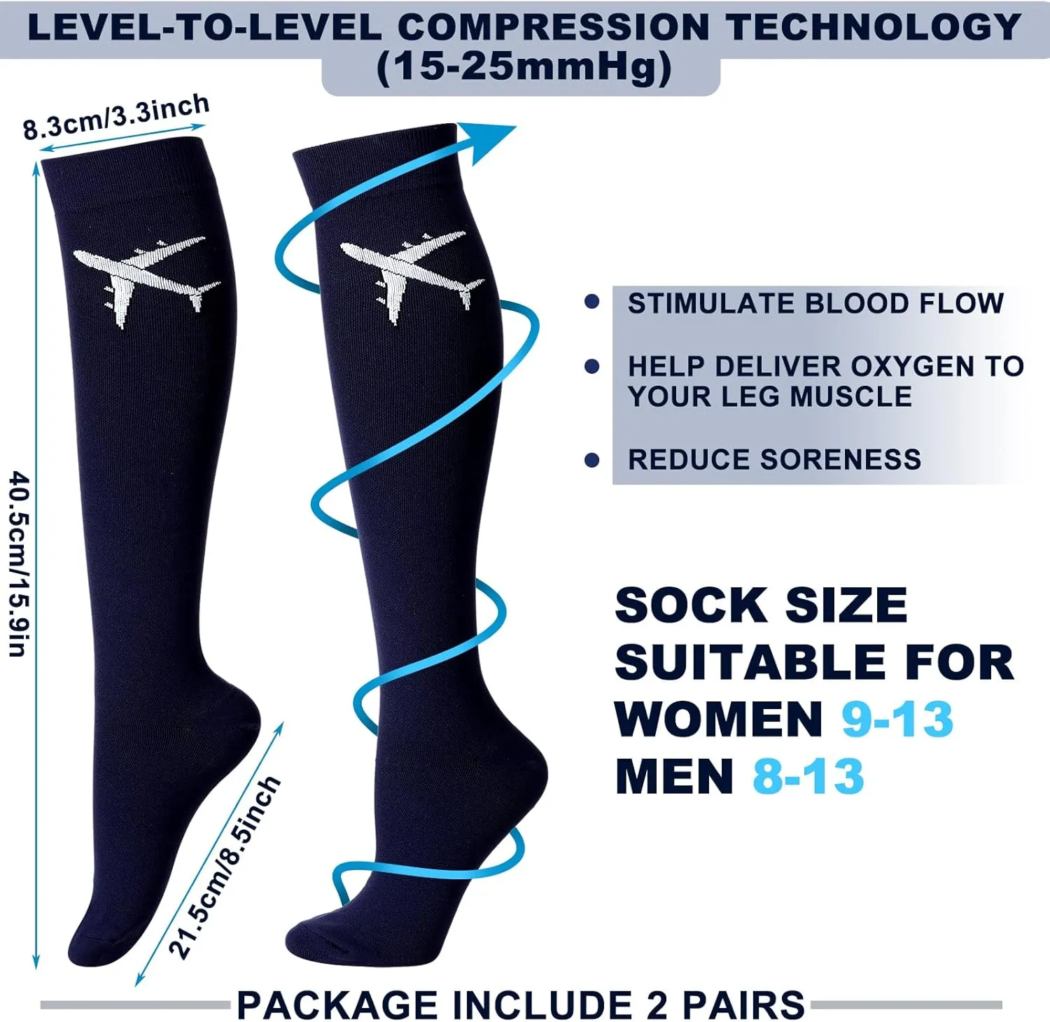 2 Pairs Travel Compression Socks for Men Women 15-25 Mmhg Graduated Knee High Compression Socks for Travel and Flight