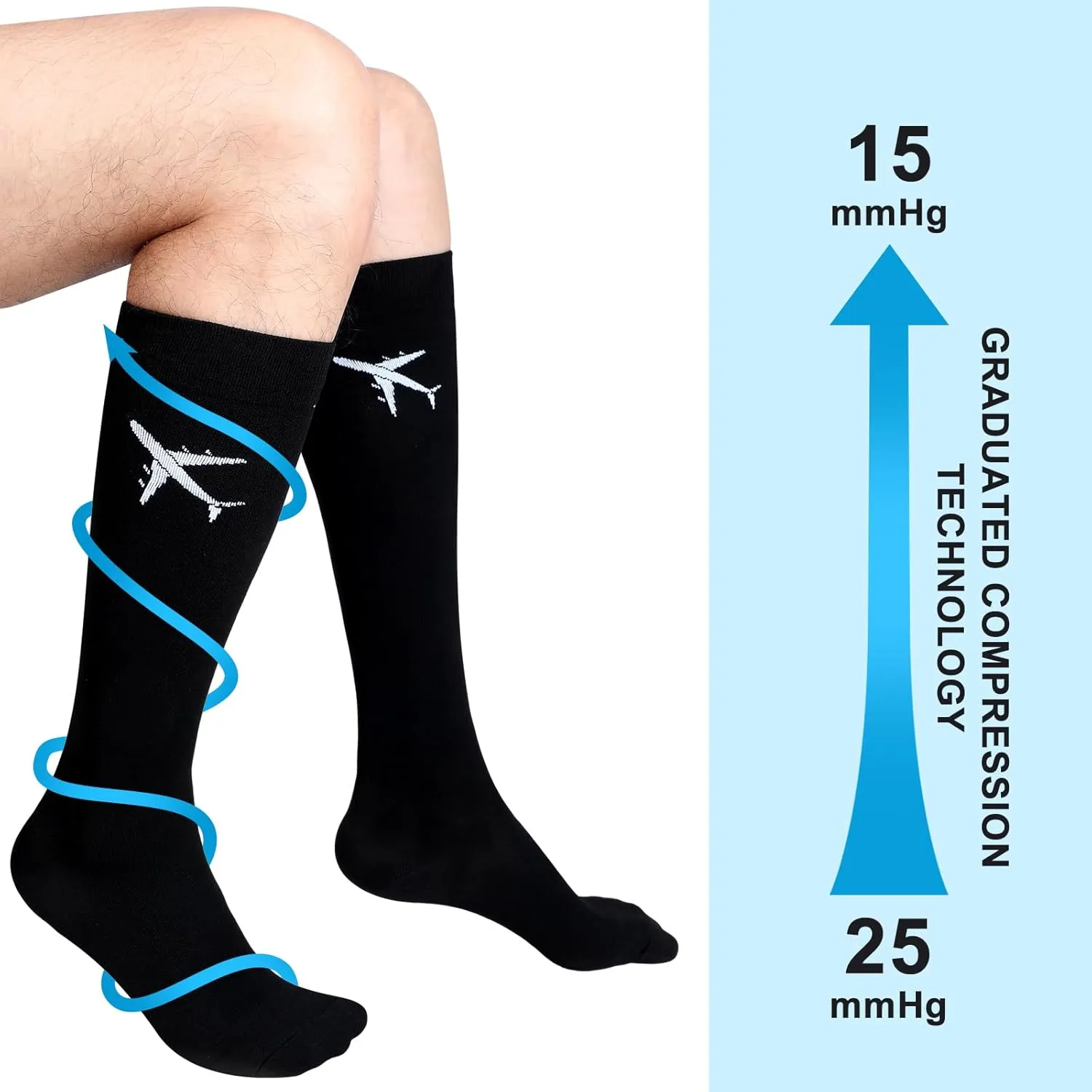2 Pairs Travel Compression Socks for Men Women 15-25 Mmhg Graduated Knee High Compression Socks for Travel and Flight