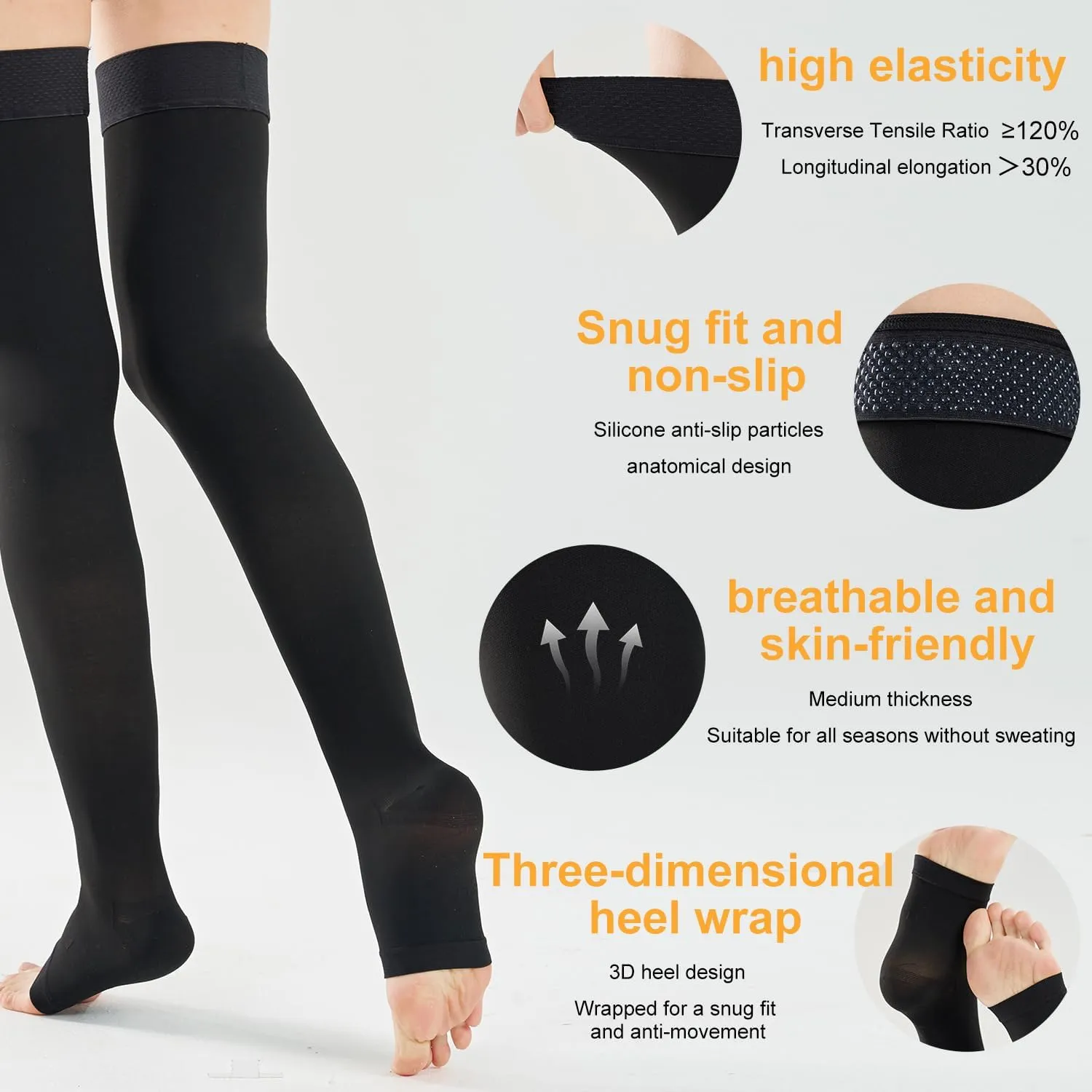 20-30 Compression Socks for Women Men, Thigh High Compression Stockings, Support Hose for Women Compression, Travel Toeless Women's Compression Socks, Light Open Toe Pregnancy Support Socks