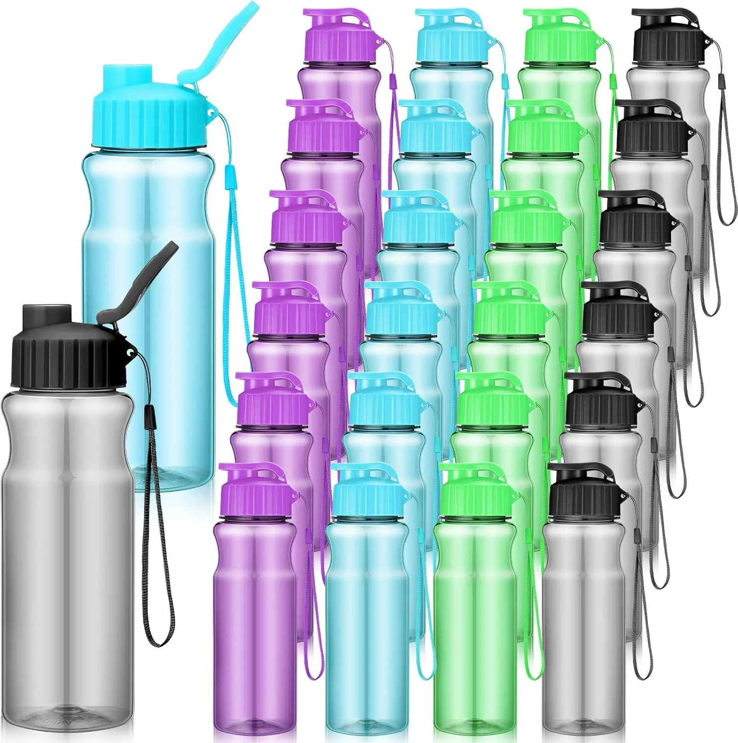 24 Pcs Plastic Water Bottles for Kids Bulk 17 oz Reusable Leak Proof Flip Top Sports Water Bottles with Handle Strap for Summer School Gym Travel End of Year Gift