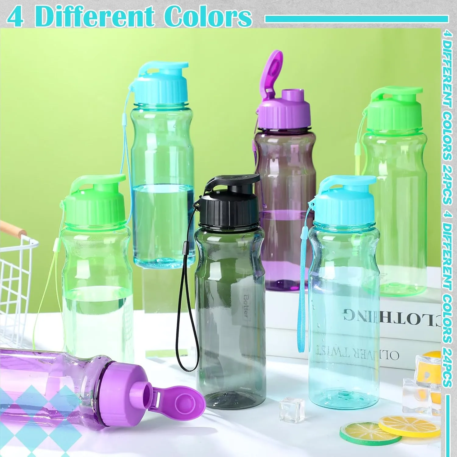 24 Pcs Plastic Water Bottles for Kids Bulk 17 oz Reusable Leak Proof Flip Top Sports Water Bottles with Handle Strap for Summer School Gym Travel End of Year Gift