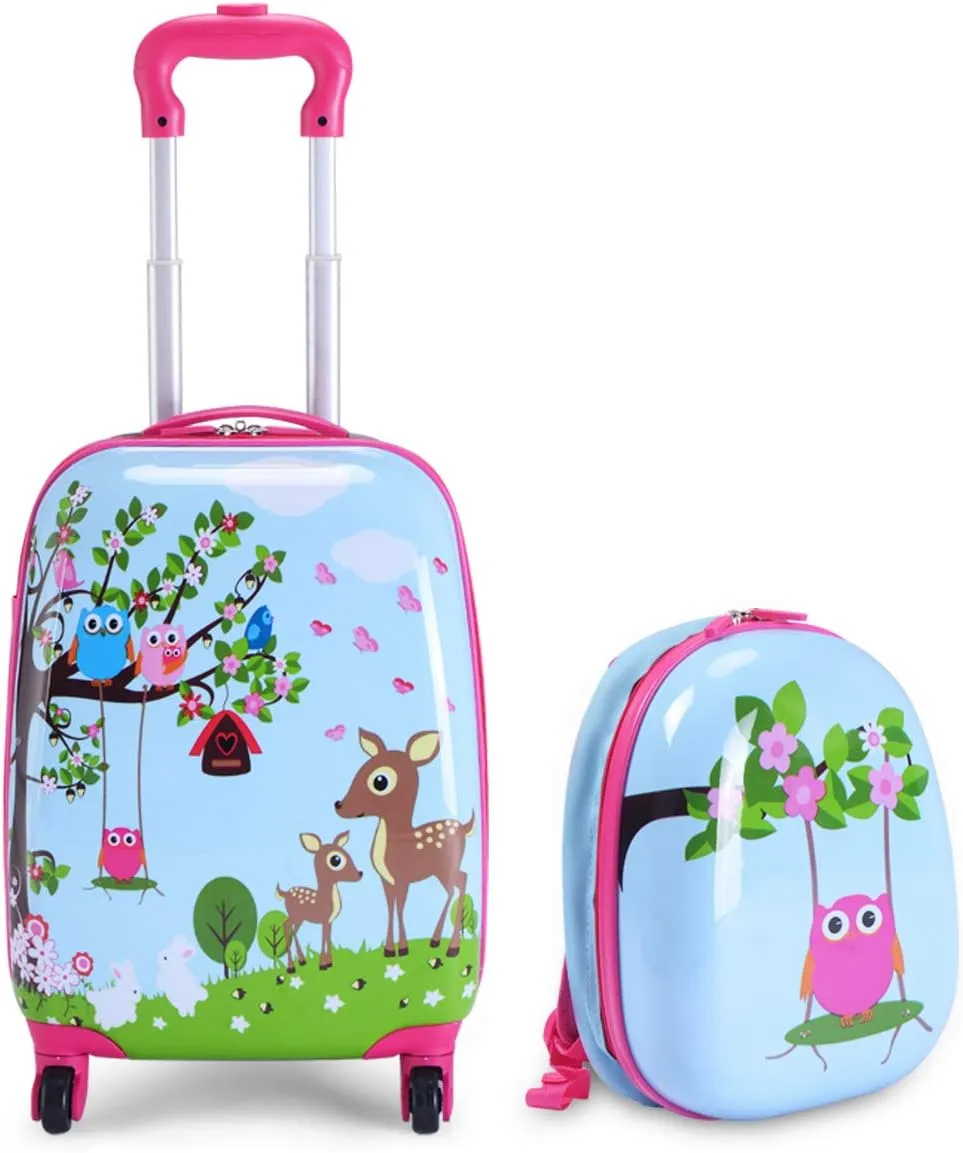 2Pc Kid Carry On Luggage Set, 12" Backpack & 16" Rolling Suitcase, Hard Shell Kids Suitcase with 4 Spinner Wheels, Cute Cartoon Pattern Travel Trolley Gift for Girls Toddlers Children