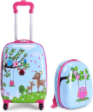 2Pc Kid Carry On Luggage Set, 12" Backpack & 16" Rolling Suitcase, Hard Shell Kids Suitcase with 4 Spinner Wheels, Cute Cartoon Pattern Travel Trolley Gift for Girls Toddlers Children