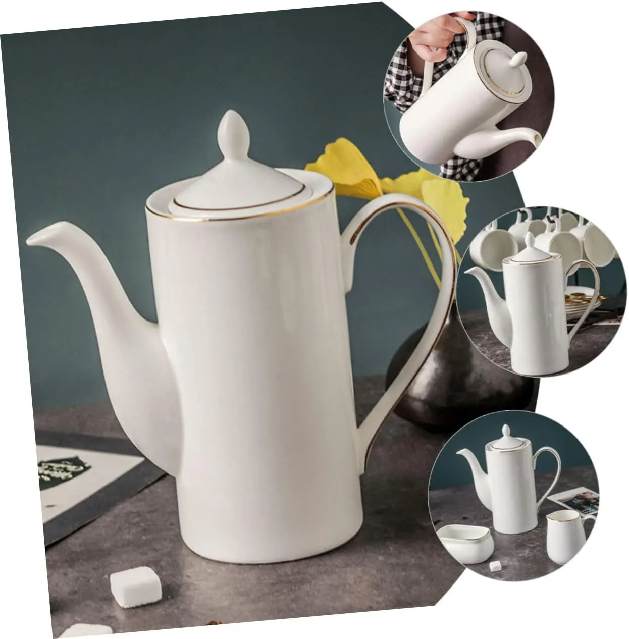 2pcs Coffee Pot Ceramic Tea Pot Kettle Pour over Pier 1 Imports Porcelain Teapot Handheld Coffee Kettle Handle Coffee Kettle Household Tea Pot Ceramics Set White Coffee Kettle(Whitex2pcs,21x19.3cmx2pc