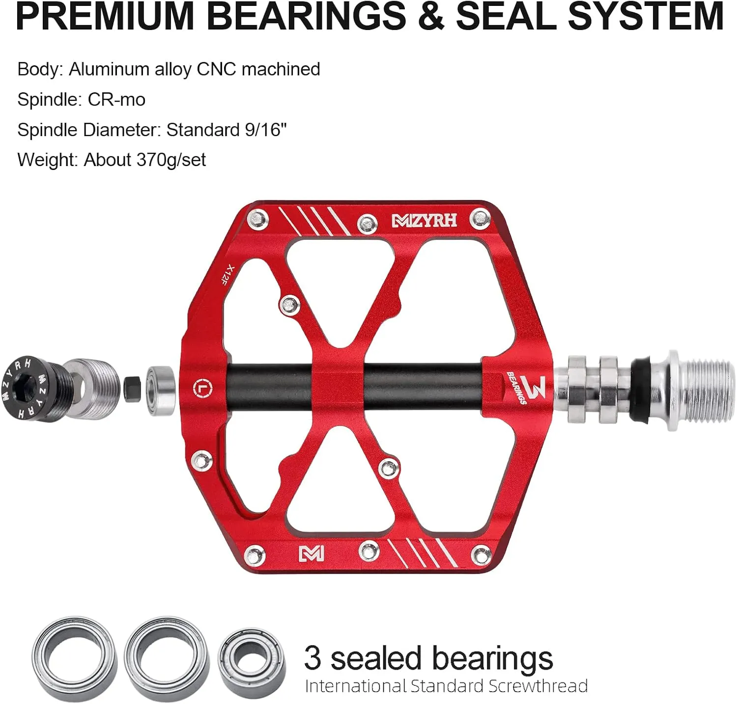 3 Bearings Mountain Bike Platform Pedals - Flat Alloy 9/16" Non-Slip Bicycle Pedals