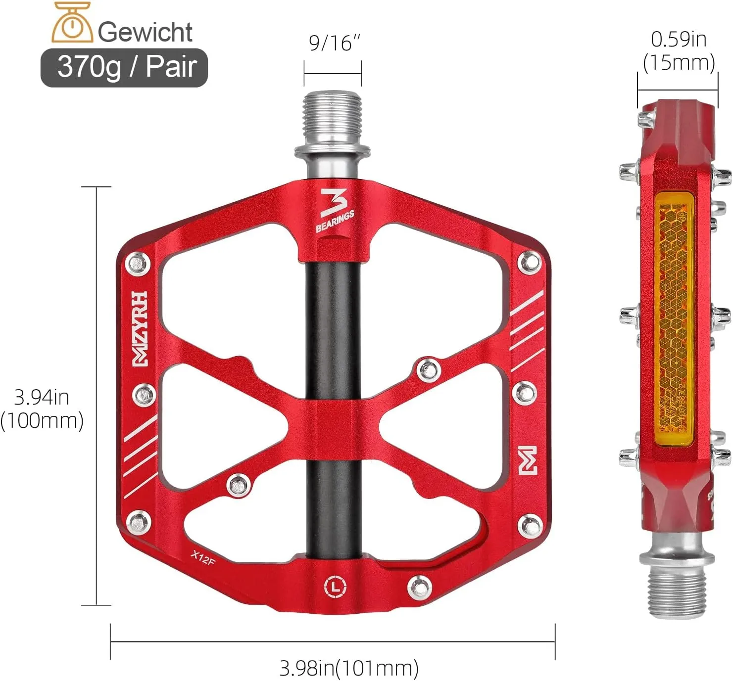 3 Bearings Mountain Bike Platform Pedals - Flat Alloy 9/16" Non-Slip Bicycle Pedals
