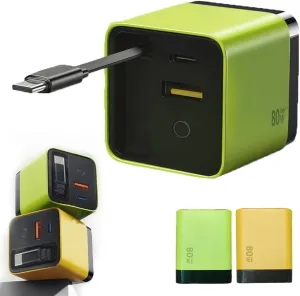 3 in 1 Gan Charger, Scalable 80w Max Fast Charger Module with Type-C Cable and 2 USB Ports for iPhone, Phone and Laptops (Green)