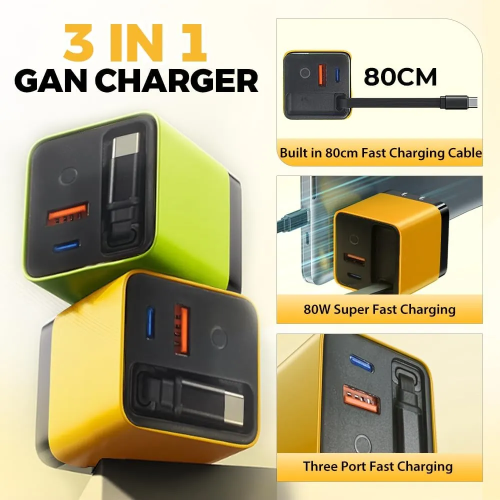 3 in 1 Gan Charger, Scalable 80w Max Fast Charger Module with Type-C Cable and 2 USB Ports for iPhone, Phone and Laptops (Green)