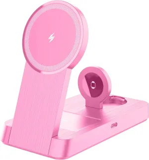 3 in 1 Magnetic Wireless for iPhone Charging Station: Foldable Portable Charger for iPhone 16-12 Pro Max & Apple Watch & AirPods, for Apple Multiple Devices Charger for Home,Office&Travel(Pink)