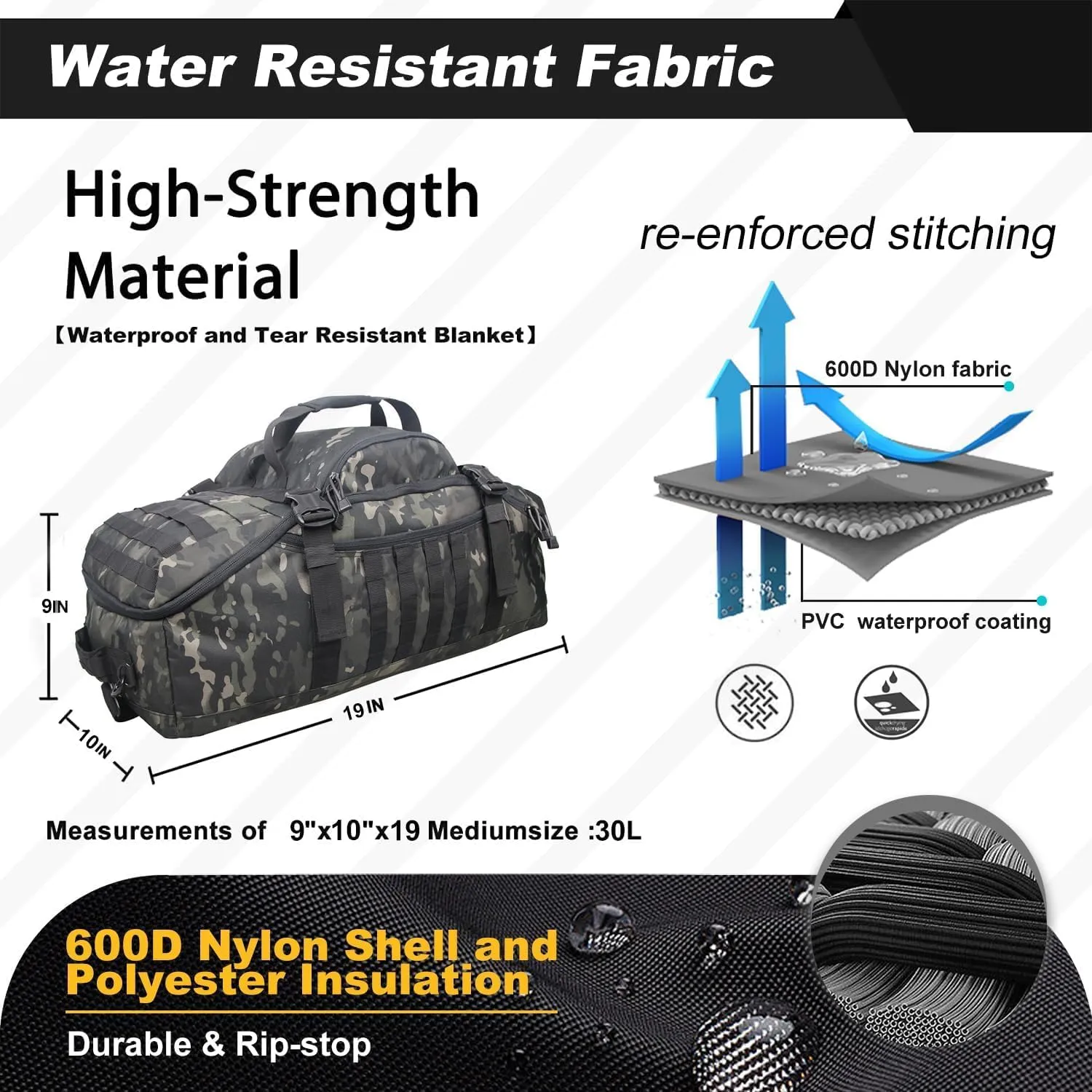 3 In 1 Tactical 30L Military Backpack Travel Duffle Bag for Weekender Gym Workout Deployment