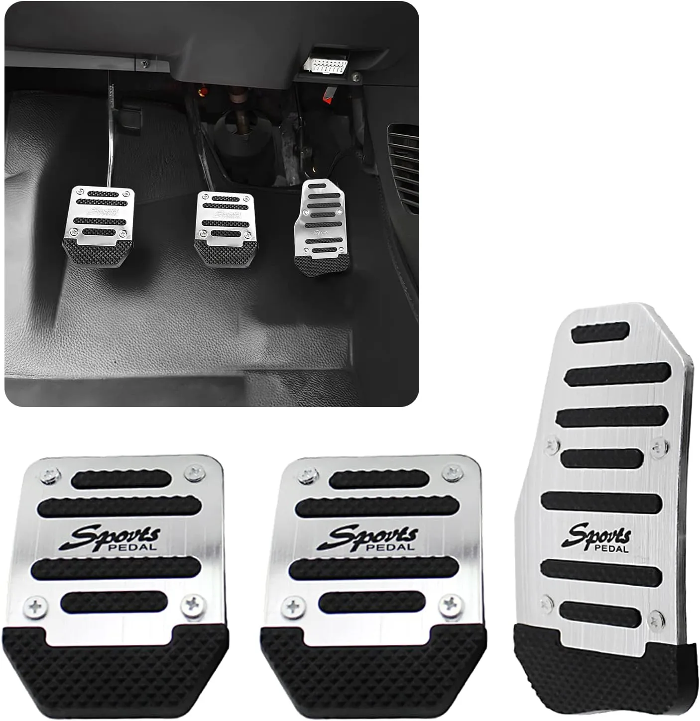 3 PCS Nonslip Car Pedal Pads, Aluminum Auto Manual Transmission Brake Pad Cover, Sports Gas Fuel Petrol Clutch Foot Pedals, Car Replacement Accessories Universal for Car, SUV, ATV (Silver)