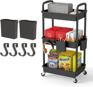 3 Tier Rolling Utility Cart with Handle,REBECAT Utility Cart Made of Multifunctional Storage Organizer Tool for Kitchen,Bathroom,Living Room,Office(Black)