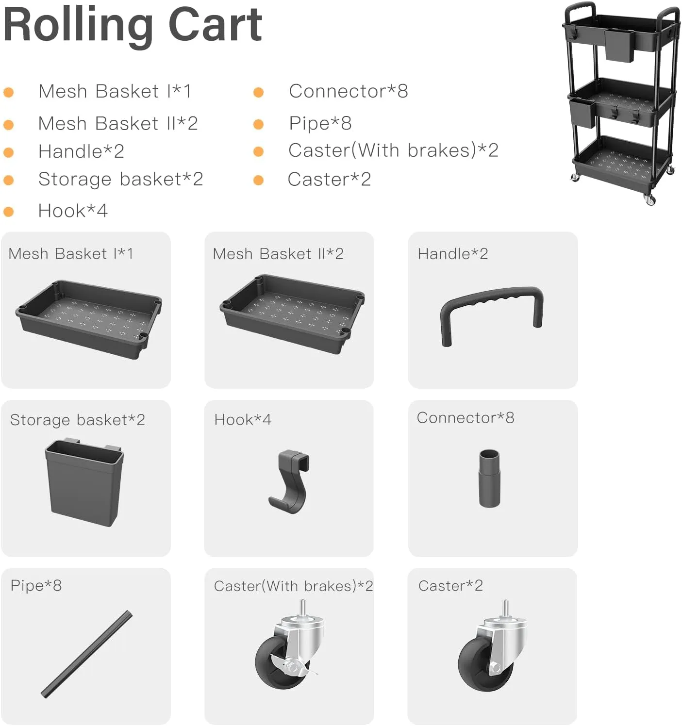 3 Tier Rolling Utility Cart with Handle,REBECAT Utility Cart Made of Multifunctional Storage Organizer Tool for Kitchen,Bathroom,Living Room,Office(Black)