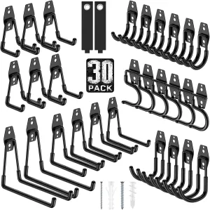 30 Pack Utility Steel Wall Mount Heavy Duty Garage Hooks with Anti-Slip Coating,Storage More Yard,Garden and Power Tools and for Hanging Hose,Ladder and Bike