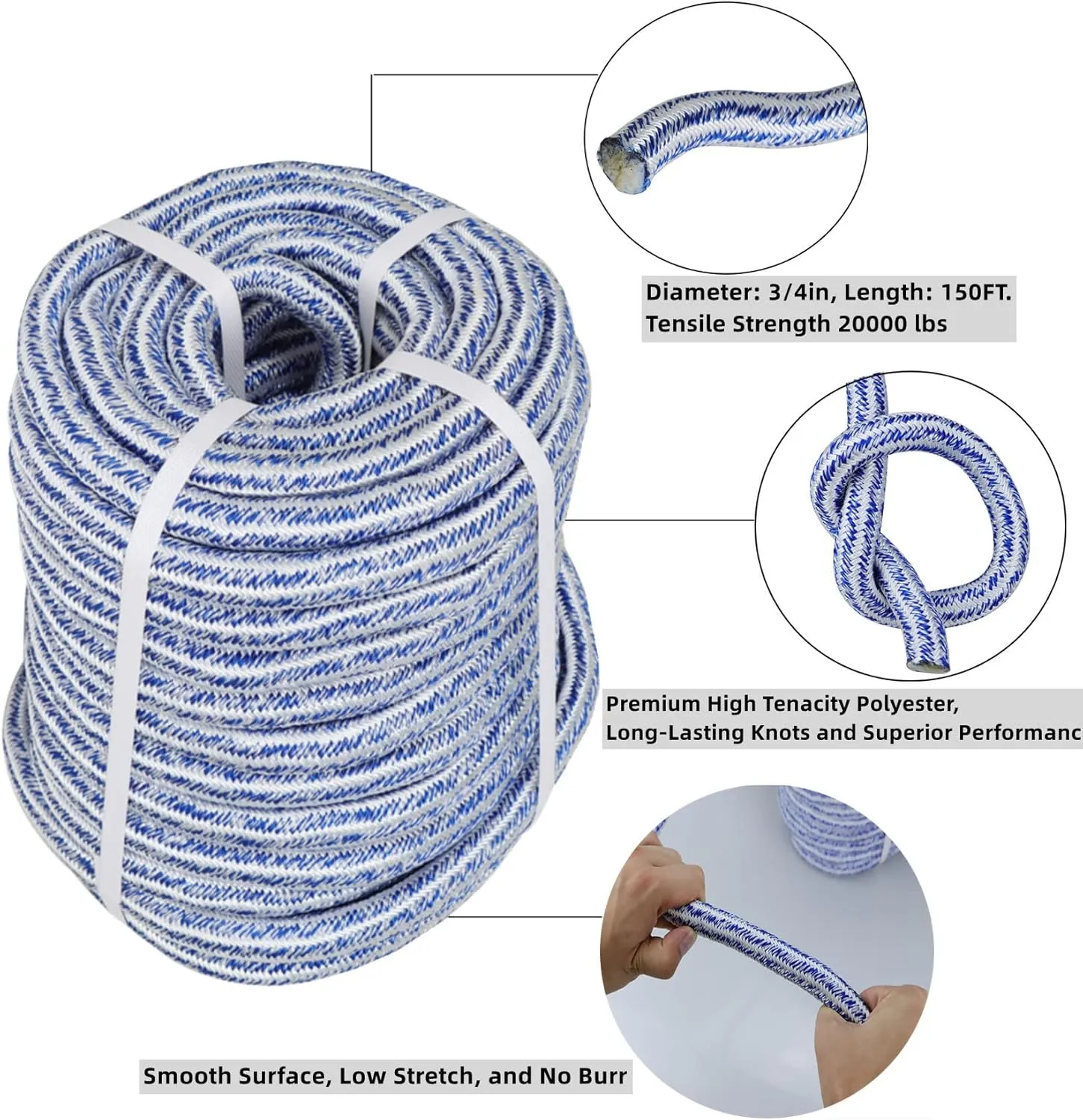 3/4 Inch x 150 Feet Double Braid Polyester Rope 20000Lbs Breaking Strength Strong Pulling Rope for Tree Work Camping Swings(Blue White)