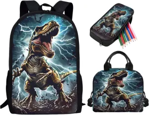 3D Dinosaur Kids Backpack Set of 3, Lightweight School Backpacks for Boys Elementary Middle High School with Insulated Lunch Bag Kawaii Cute Pencil Case, Blue and Brown
