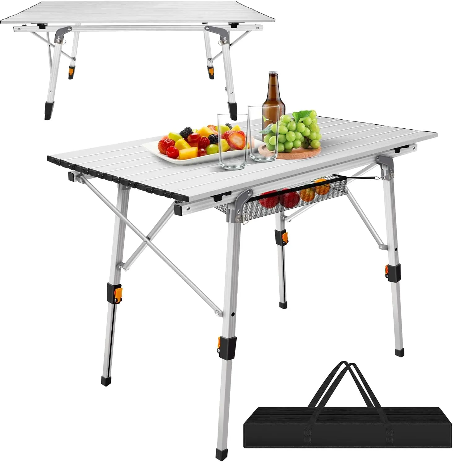 3ft Heavy Duty Folding Table, Portable Folding Aluminium Camping Table for Camping, Picnics, and Outdoor Activities, Foldable Picnic Table w/Adjustable 2 Height 45cm/68cm, Sliver