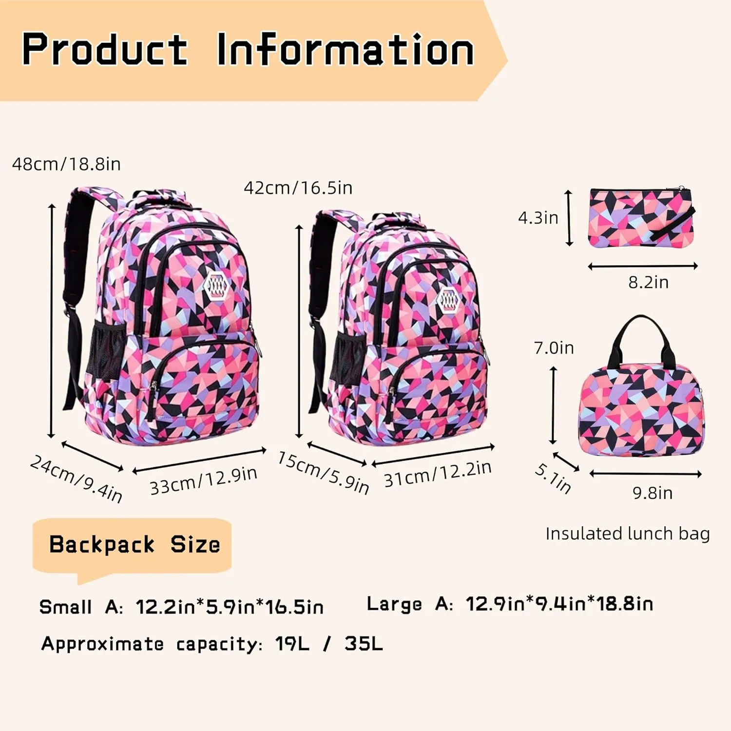 3Pcs Geometric Print Girls Boys Backpack Set for School Kids, Multi-Pocket Elementary School Backpack for Girls