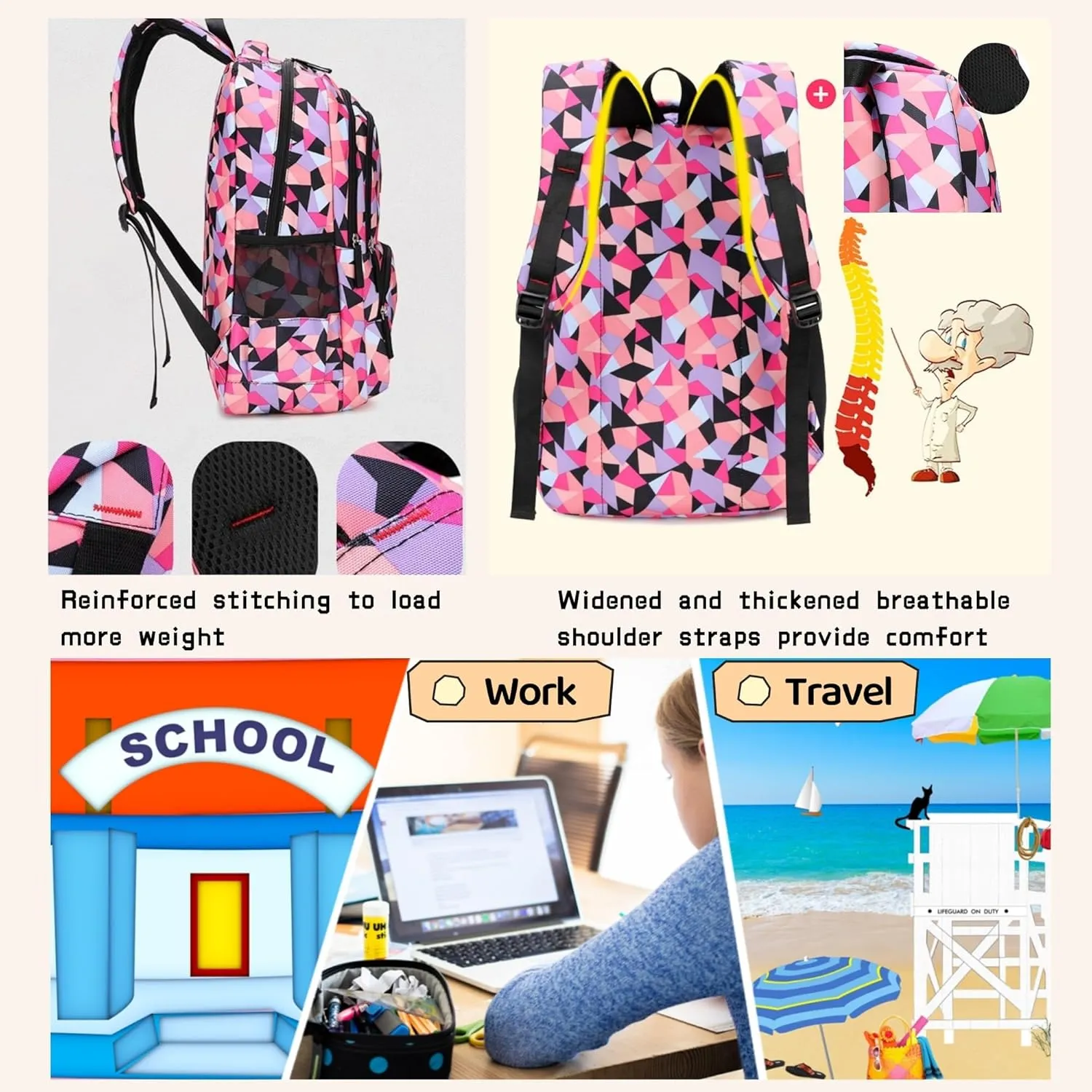 3Pcs Geometric Print Girls Boys Backpack Set for School Kids, Multi-Pocket Elementary School Backpack for Girls