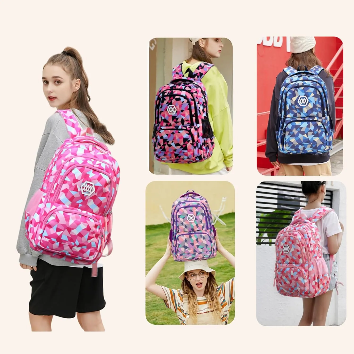 3Pcs Geometric Print Girls Boys Backpack Set for School Kids, Multi-Pocket Elementary School Backpack for Girls