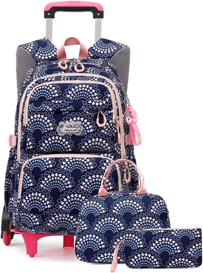 3Pcs Girls Rolling Backpack Kids Bookbag with Wheels Set Elementary Students Outdoors Trolley Schoolbag