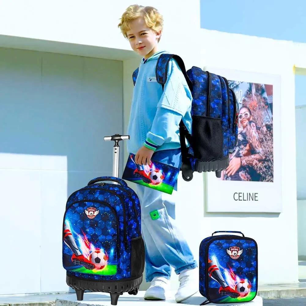 3PCS Rolling Backpack for Boys, 21 Inch Dinosaur Roller School Bookbag with Lunch Bag, Water Resistant Wheeled Backpacks for Teens Boys Elementary Travel