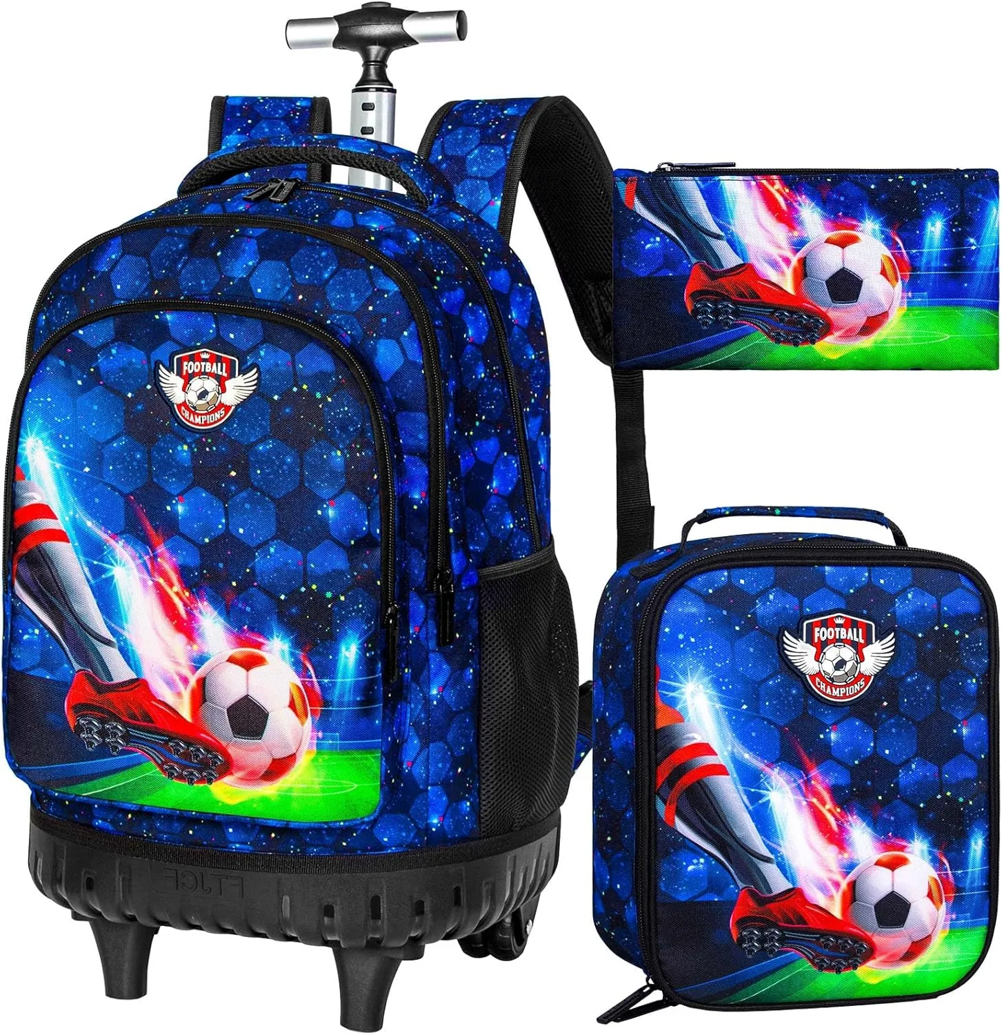3PCS Rolling Backpack for Boys, 21 Inch Dinosaur Roller School Bookbag with Lunch Bag, Water Resistant Wheeled Backpacks for Teens Boys Elementary Travel