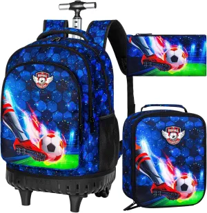 3PCS Rolling Backpack for Boys, 21 Inch Dinosaur Roller School Bookbag with Lunch Bag, Water Resistant Wheeled Backpacks for Teens Boys Elementary Travel
