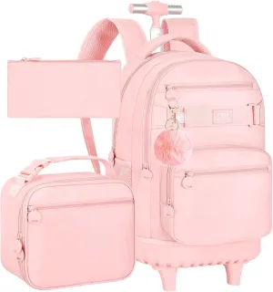 3Pcs Rolling Backpack for Girls Women, 19 Inche School Roller Backpacks with Wheels, Adults Wheeled Bookbag with Lunch Box(Pink)