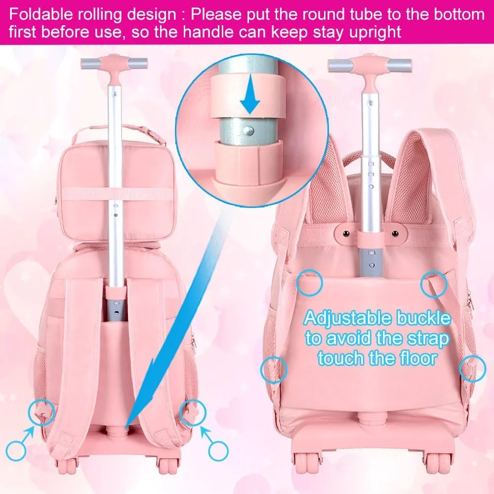 3Pcs Rolling Backpack for Girls Women, 19 Inche School Roller Backpacks with Wheels, Adults Wheeled Bookbag with Lunch Box(Pink)