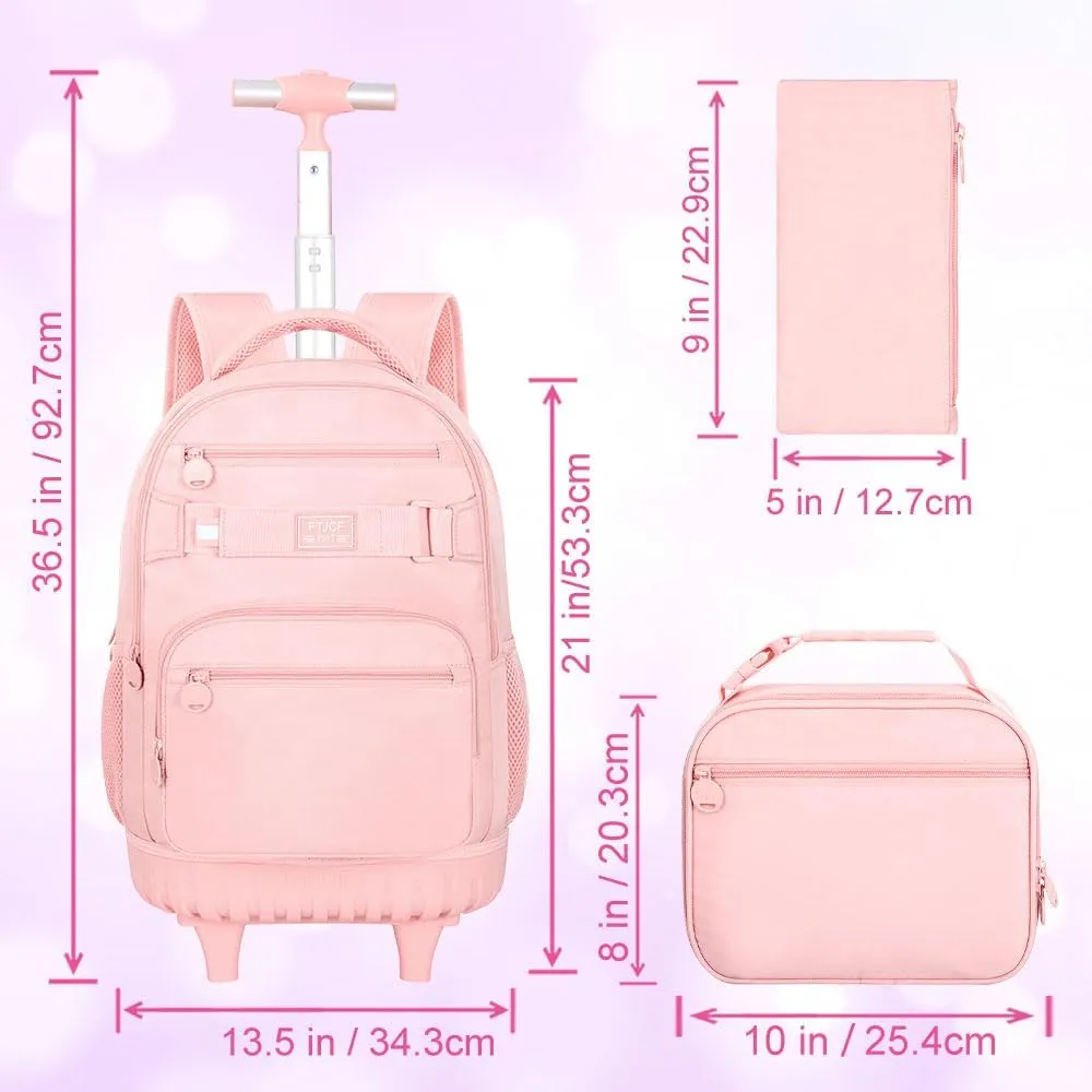 3Pcs Rolling Backpack for Girls Women, 19 Inche School Roller Backpacks with Wheels, Adults Wheeled Bookbag with Lunch Box(Pink)