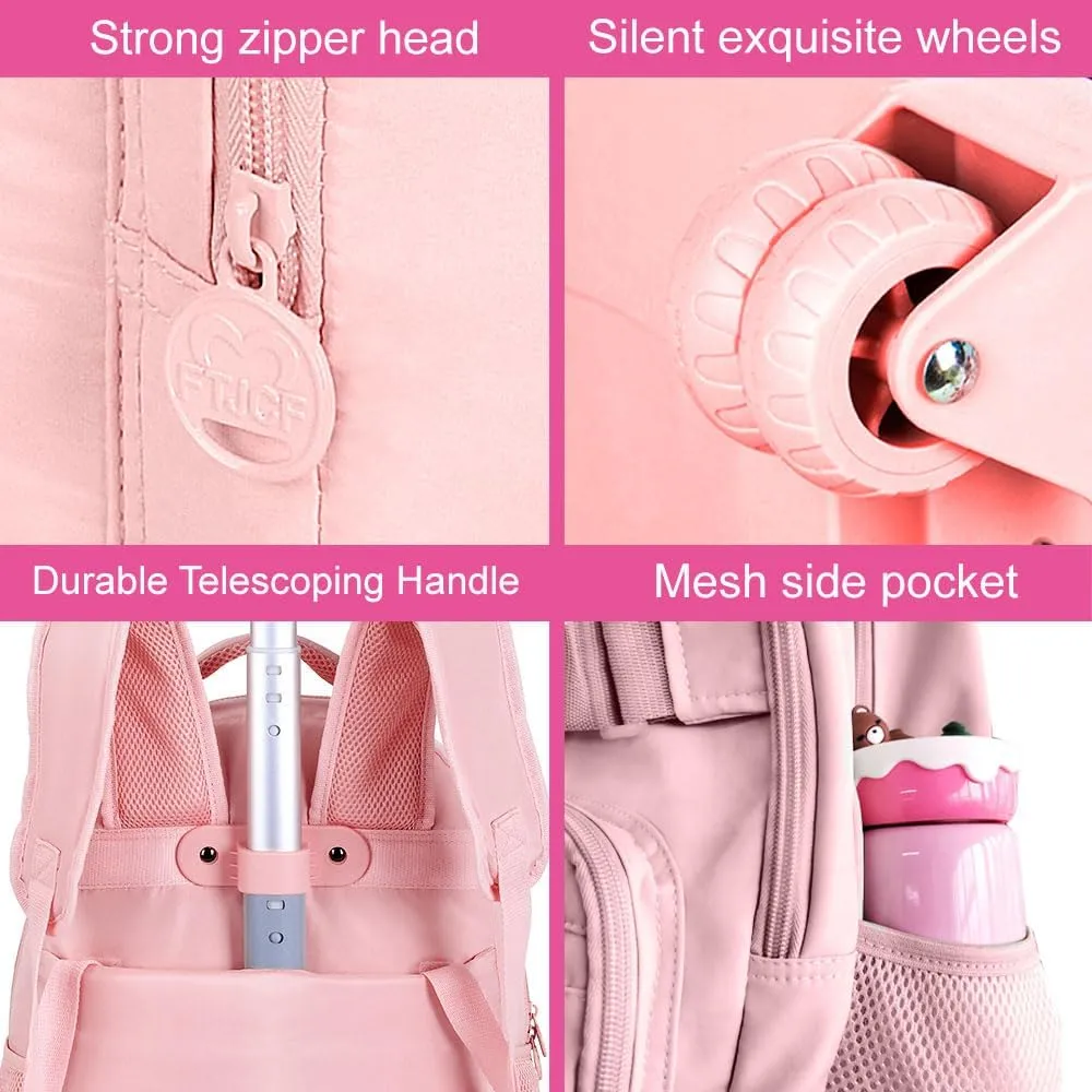 3Pcs Rolling Backpack for Girls Women, 19 Inche School Roller Backpacks with Wheels, Adults Wheeled Bookbag with Lunch Box(Pink)