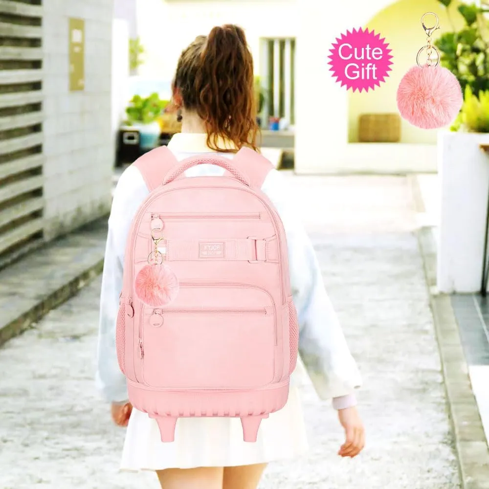 3Pcs Rolling Backpack for Girls Women, 19 Inche School Roller Backpacks with Wheels, Adults Wheeled Bookbag with Lunch Box(Pink)