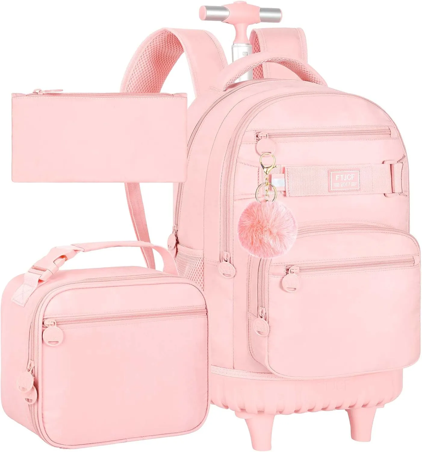 3Pcs Rolling Backpack for Girls Women, 19 Inche School Roller Backpacks with Wheels, Adults Wheeled Bookbag with Lunch Box(Pink)