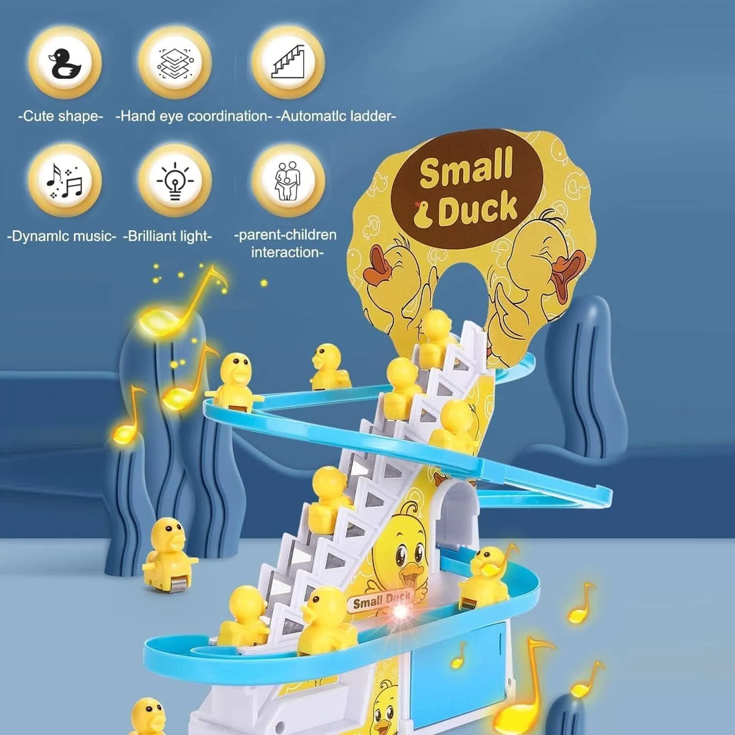 4480  Ducks Climb Stairs Toy Roller Coaster Electric Duck Chasing Race Track Set Fun Duck Stair Climbing Toy With Flashing Lights Music And 3 Ducks Small Ducks Climbing Toys