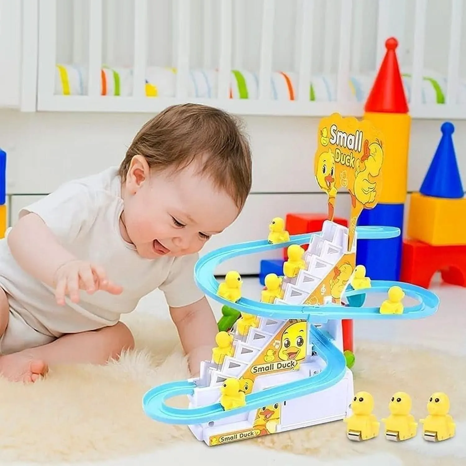 4480  Ducks Climb Stairs Toy Roller Coaster Electric Duck Chasing Race Track Set Fun Duck Stair Climbing Toy With Flashing Lights Music And 3 Ducks Small Ducks Climbing Toys