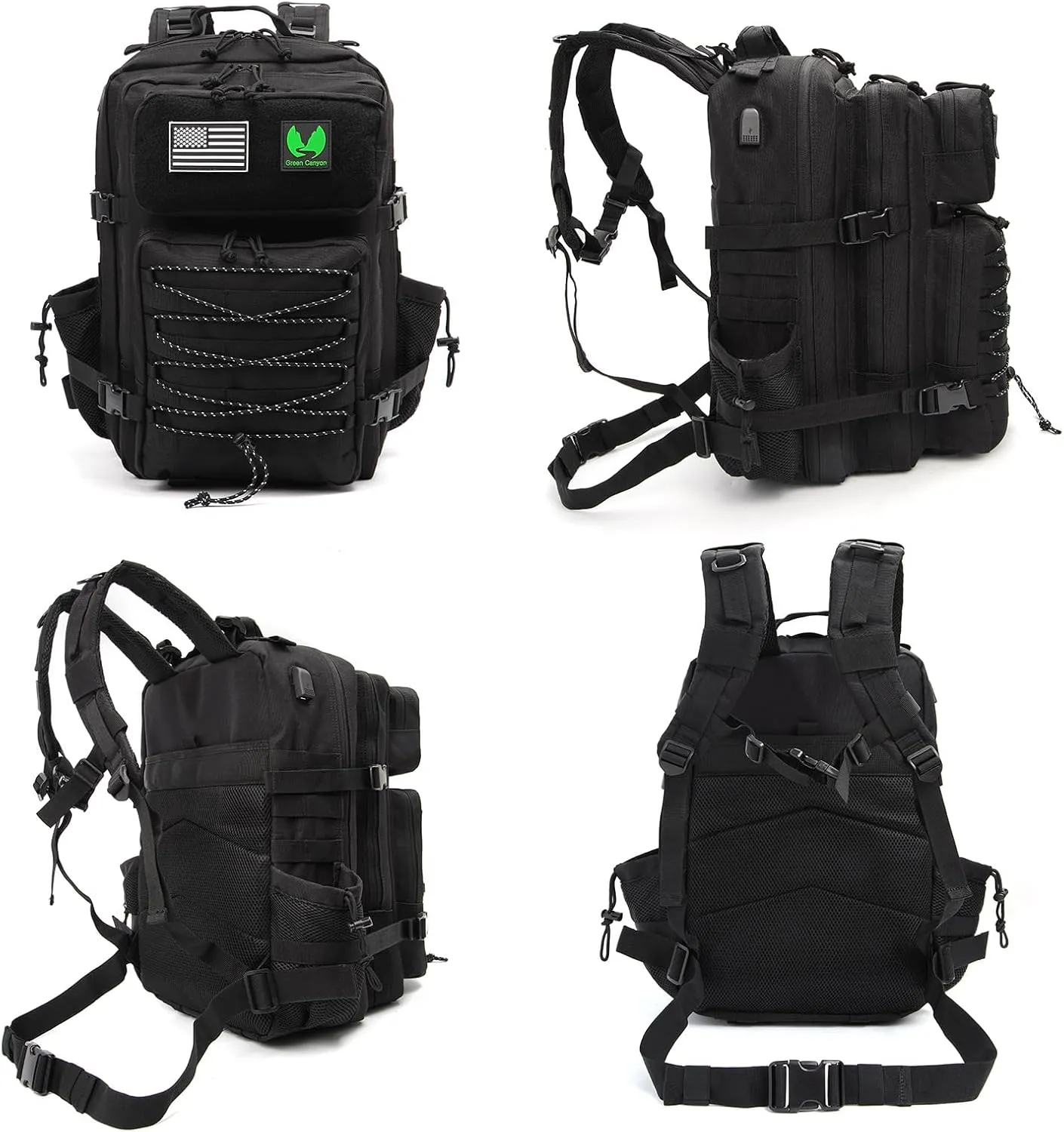 45L Large Tactical Backpack with USB Charging Port, 900D Military Backpack for Men, Hiking Rucksack 3 Day Assault Pack with Molle System, Black
