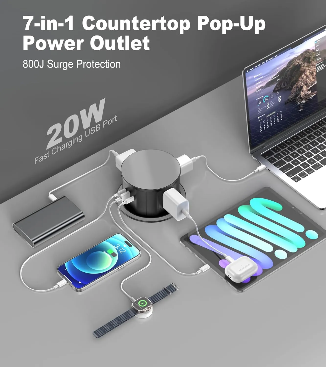4.75" Pop Up Countertop Outlet with 20W USB-C, Space Saver Desktop Power Grommet, 4 AC Outlets & 3 USB Ports for Home Office (6FT)