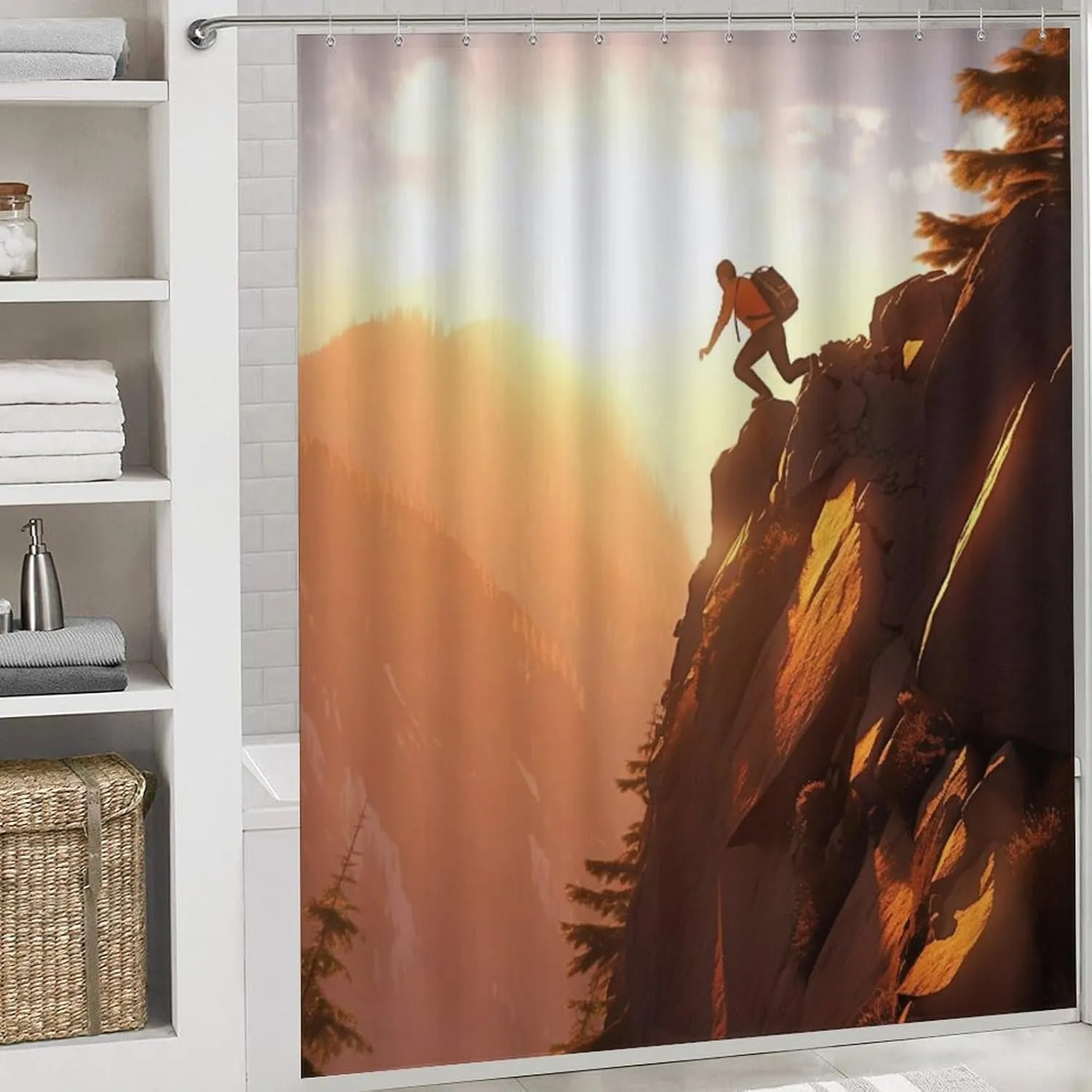 4Pcs Climbing Athlete Shower Curtain Sets with Rugs, Toilet Lid Cover and Bath Mat, Sunset Sky Mountain Forest Bathroom Shower Curtains Set with 12 Hooks